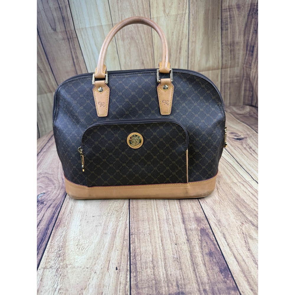 Rioni Signature Brown Monogram Dome Satchel Handbag G3189B Gold Hardware